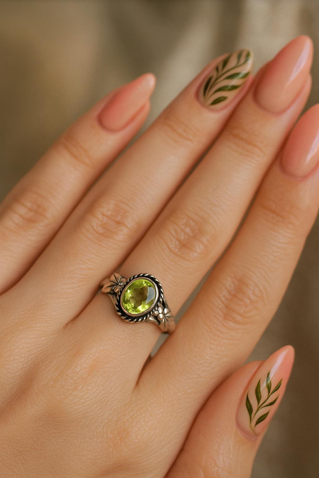 Peridot Ring Sterling Silver | August Birthstone Oval Gemstone Ring | Handmade Boho Jewelry Gift for Her