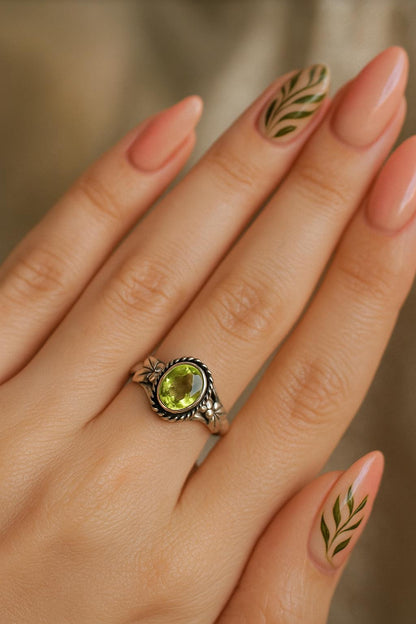 Peridot Ring Sterling Silver | August Birthstone Oval Gemstone Ring | Handmade Boho Jewelry Gift for Her