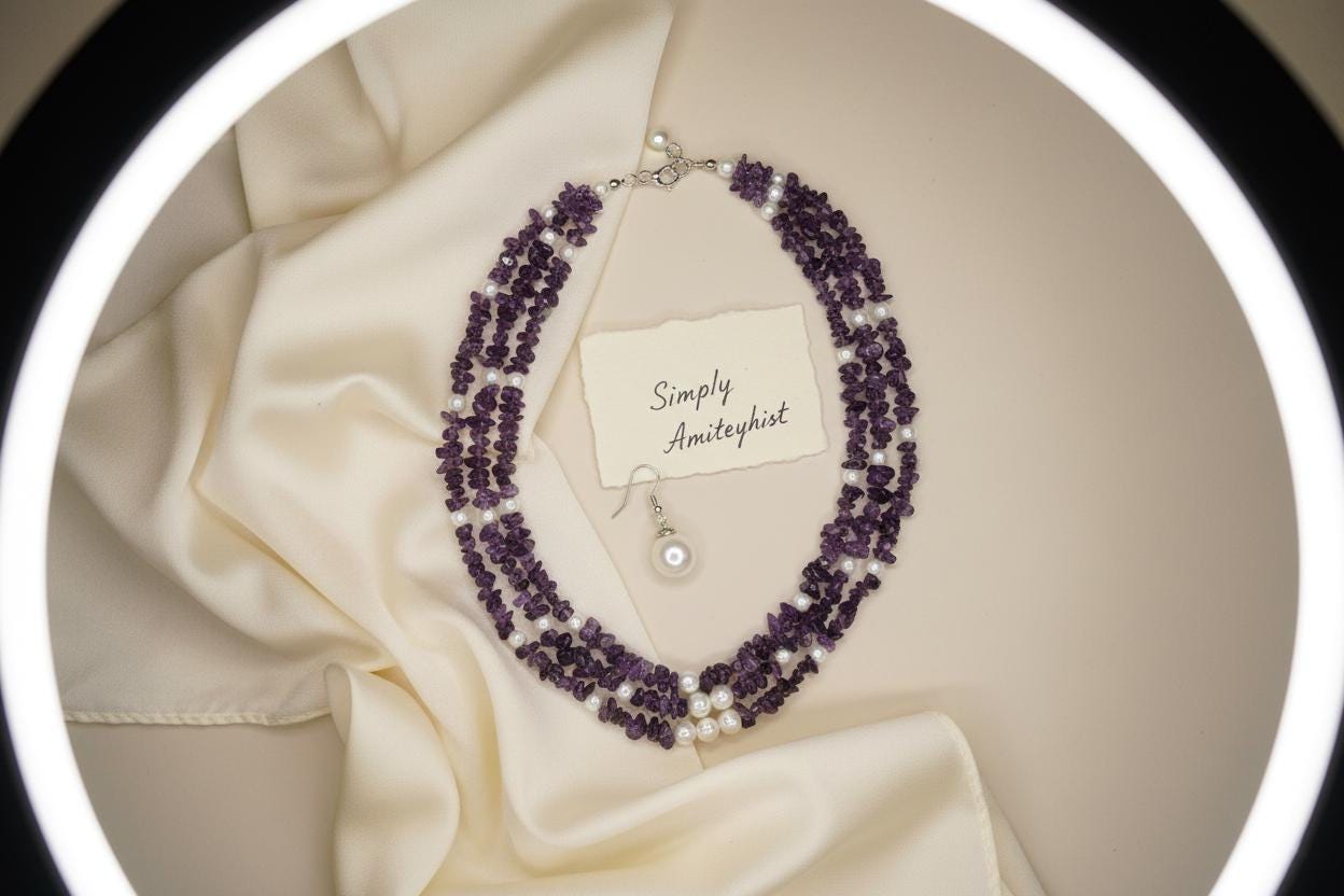 Amethyst and White Glass Pearl Multistrand Necklace – Handmade Beaded Gemstone Statement Necklace, Elegant Purple Jewelry Gift for Her
