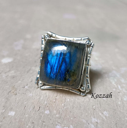 Labradorite Statement Ring | Rustic Sterling Silver Ring | Square Stone Viking Jewelry | Flashy Blue Fire Crystal Gift for Him/Her