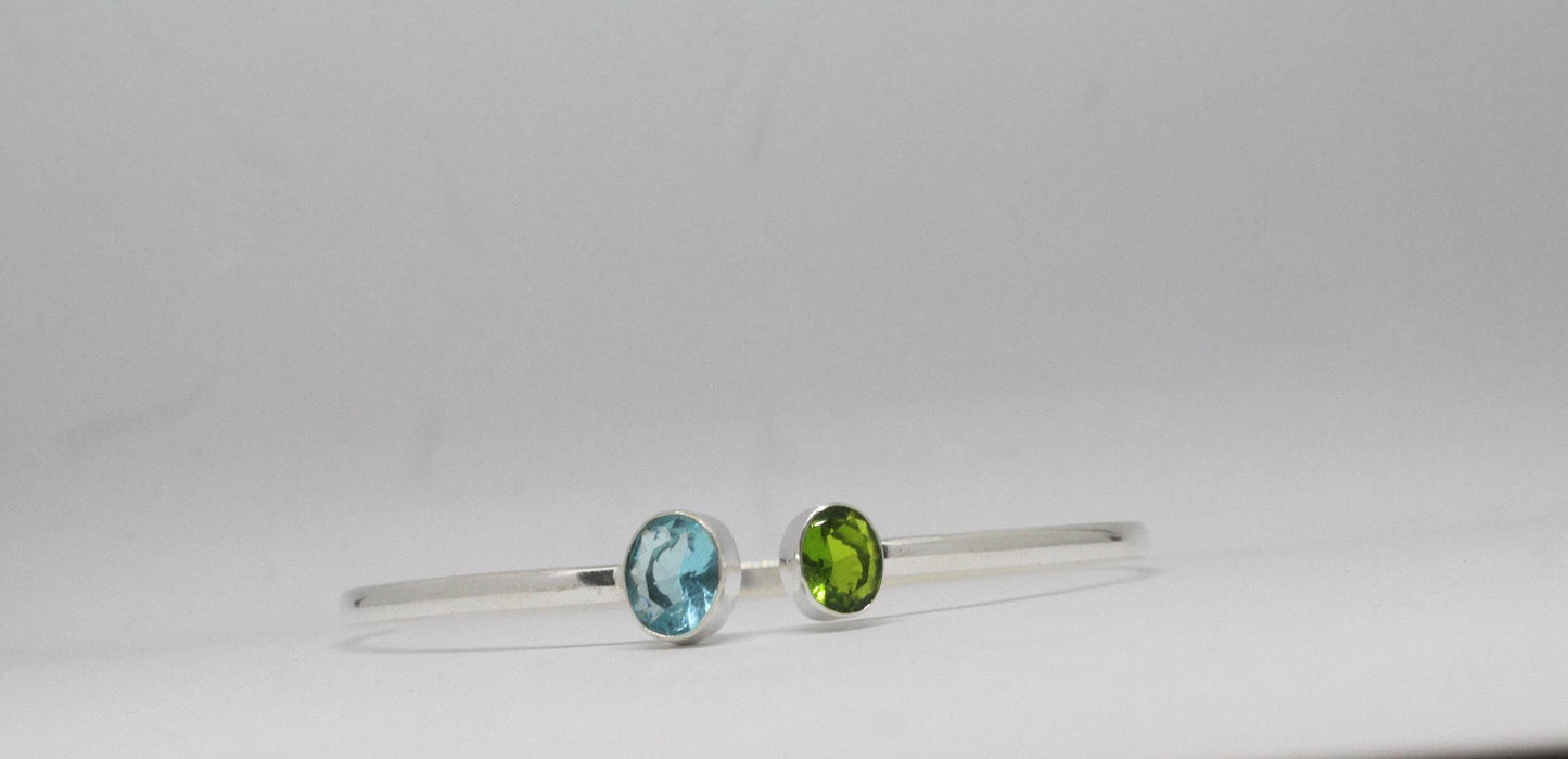 Sterling Silver Bangle |Peridot Bangle |Blue topaz Bangle| 2 stone Bangle | Unique Bangle | Gemstone Bangle |Dainty Bangle | Handmade Bangle
