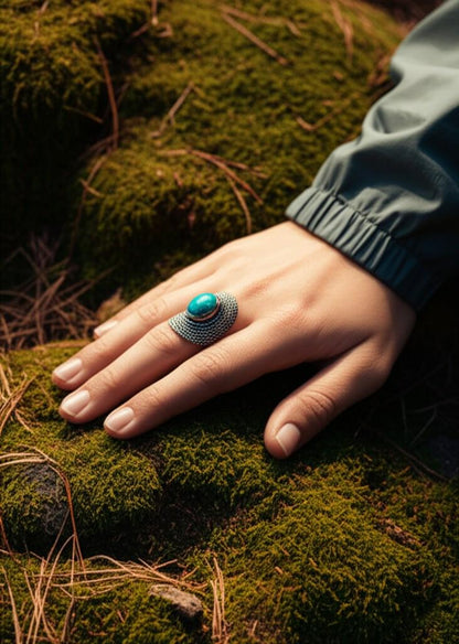 Statement Turquoise Ring | Sterling Silver Filigree Ring | Boho Chic Oval Ring | Bohemian Turquoise Ring | Artisan Silver Statement Ring