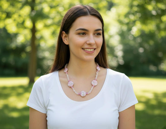 Handmade Rose Quartz Statement Necklace | Bohemian Pink Gemstone Collar| Natural Rose Quartz & Pink Stone Necklace Handcrafted Jewelry, Gift