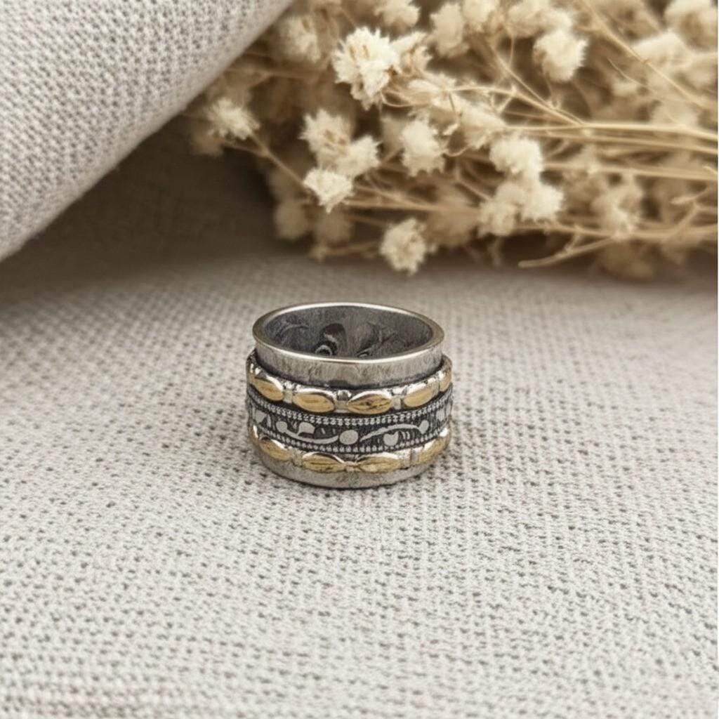 Designer Spinner Ring | Mixed Metal Spinner Ring | 925 Sterling Silver & Brass | Handmade Spinning Ring | Unique Gift for Her, Unique ring