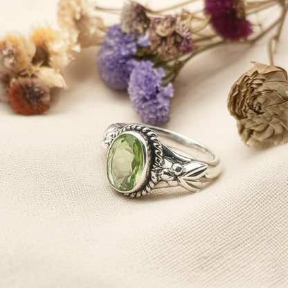 Peridot Ring Sterling Silver | August Birthstone Oval Gemstone Ring | Handmade Boho Jewelry Gift for Her