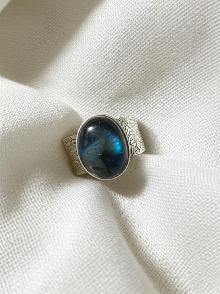 Blue Gemstone Ring | Sterling Silver Band with Engraved Pattern | Oval Cabochon Statement Ring | Handmade Artisan Jewelry | Gift for her