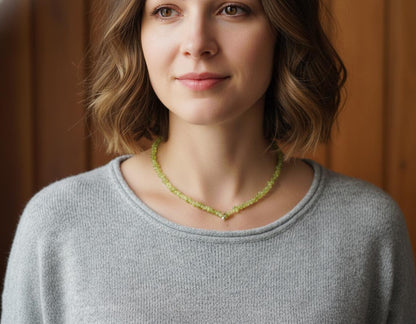 Raw Peridot Chip Necklace - Dainty Minimalist Peridot Choker - August Birthstone Jewelry - Tumbled Gemstone Healing Crystal Necklace | Gifts