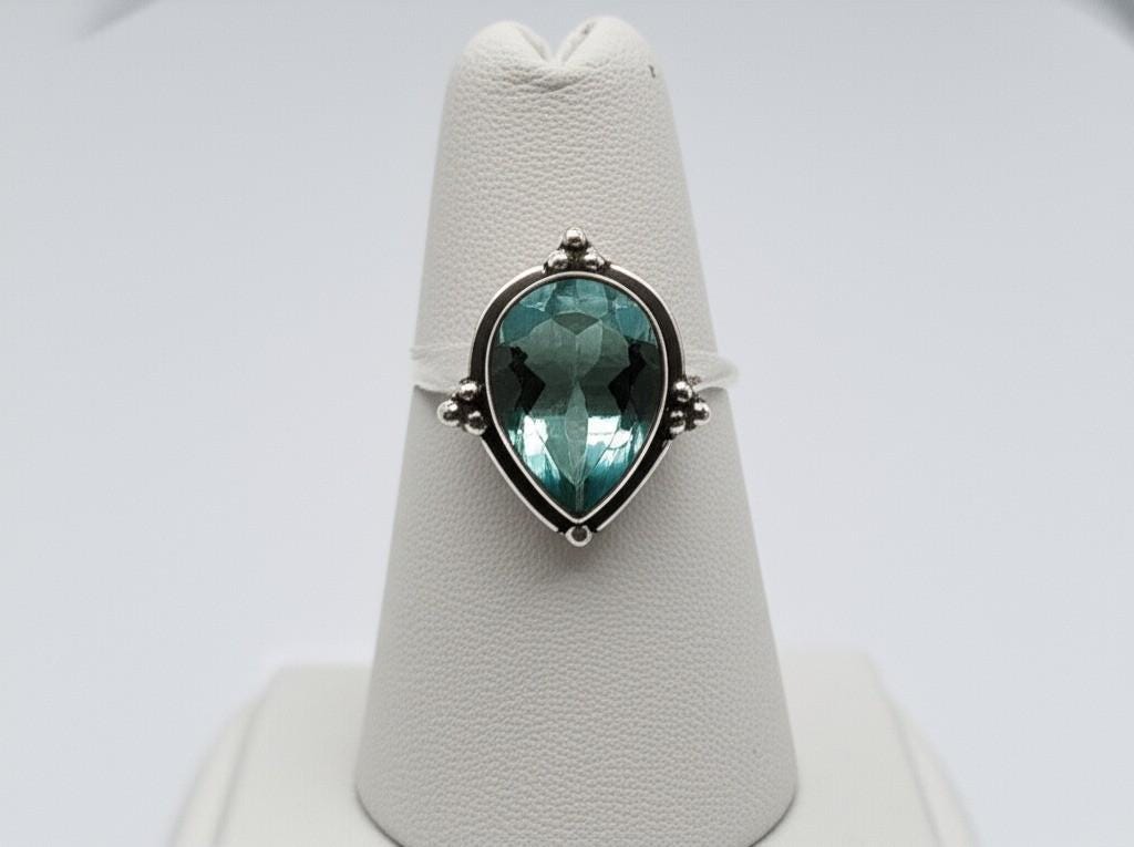 Handmade Aquamarine Ring for Women - Sterling Silver Teardrop Gemstone, Sterling Silver ring, Handmade Gift for Women, Clear stone Ring
