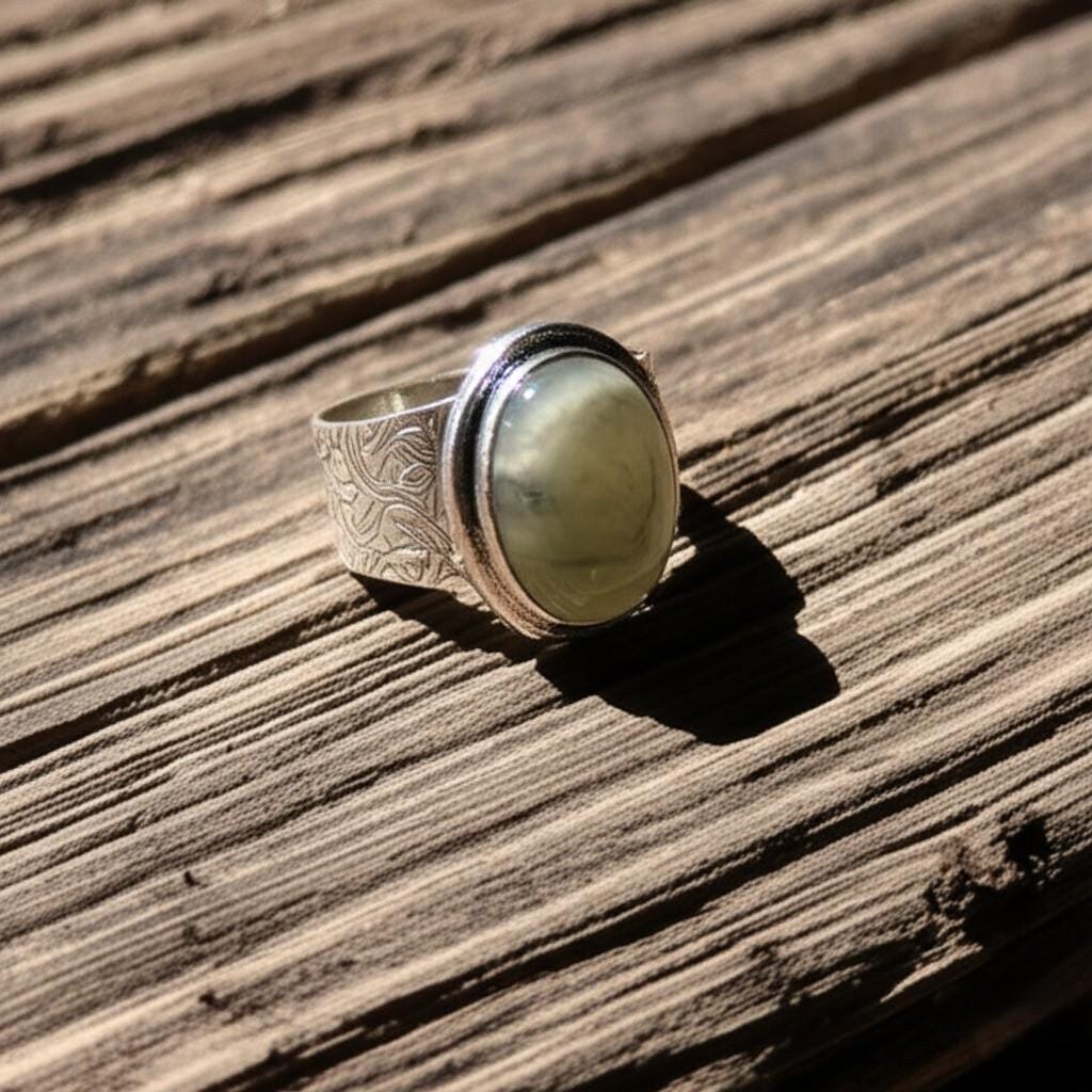 Moonstone Ring | Sterling Silver Moonstone Jewelry | Wide Band Ring | Handmade Gemstone Ring | Boho Moonstone Ring | Etched Silver Ring