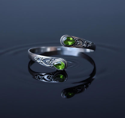 Handmade Silver Peridot Bangle - Ornate Sterling Silver Cuff | Artisanal Peridot Teardrop Bangle - Bohemian Silver Gemstone Bracelet
