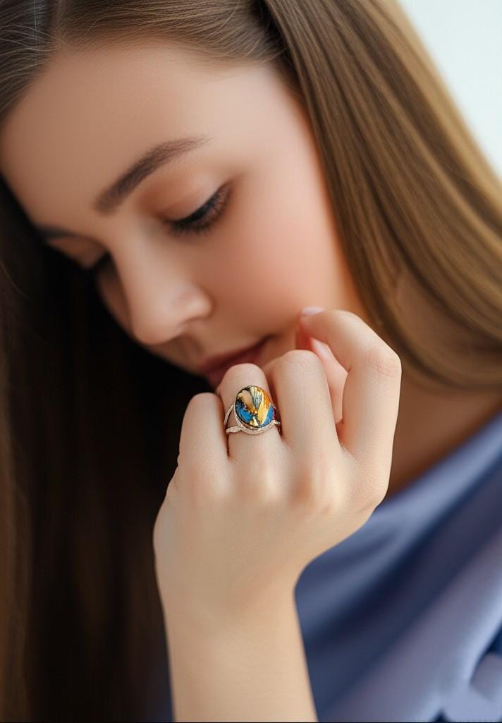 Natural Spiny Oyster and Turquoise Sterling Silver Ring- Unique Coastal Jewelry | Handmade Turquoise Ring, Oval Turquoise Ring, Gift for her