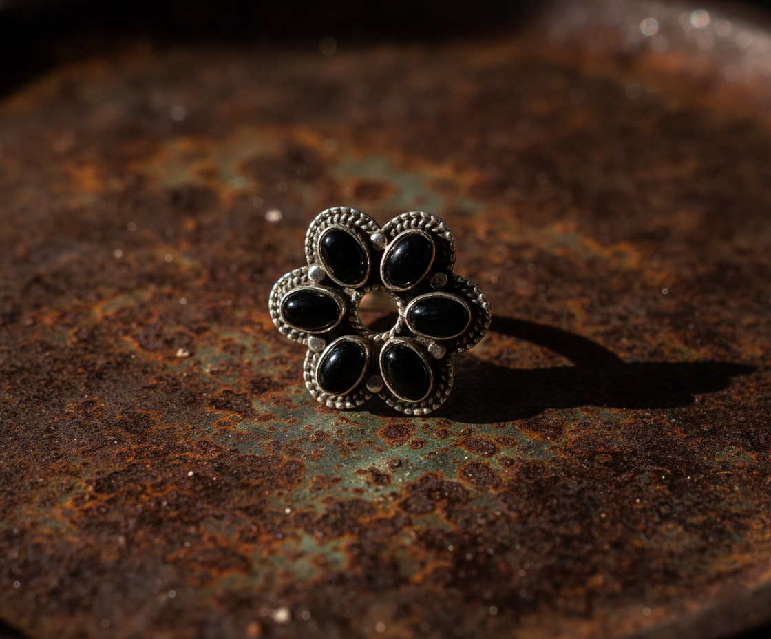 Black Onyx Flower Ring 925 Sterling Silver Statement Floral Ring