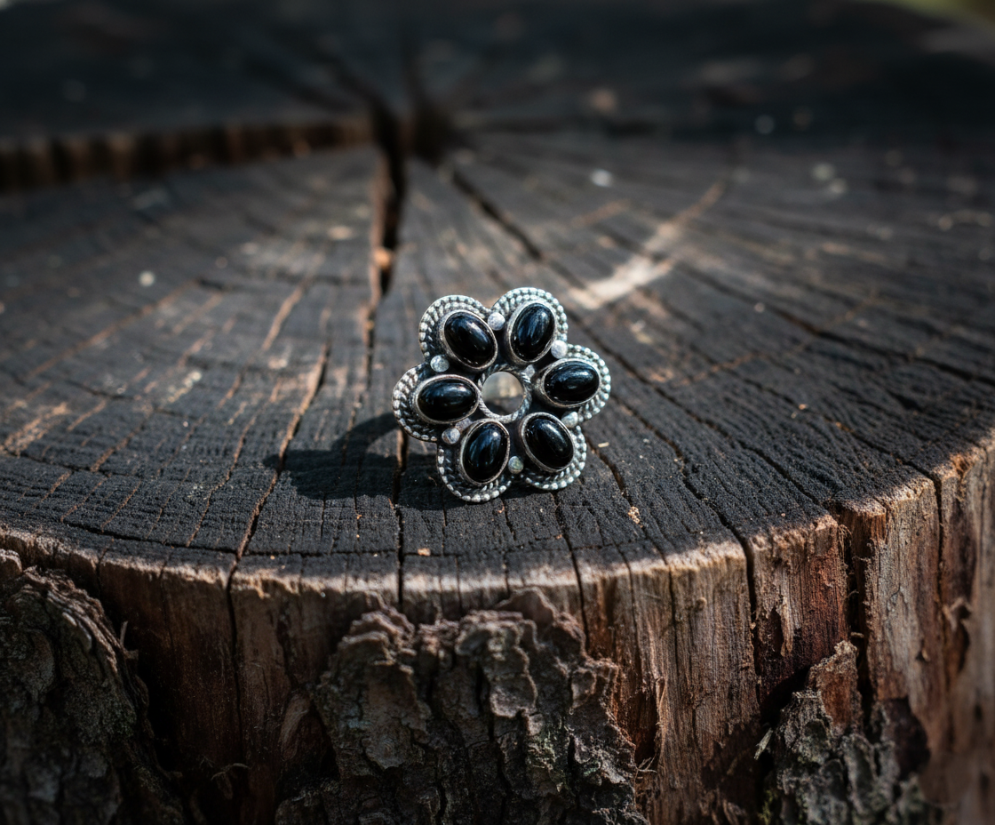 Black Onyx Flower Ring 925 Sterling Silver Statement Floral Ring