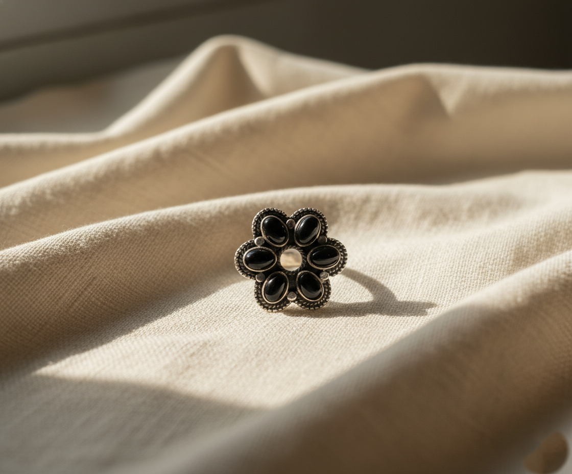 Black Onyx Flower Ring 925 Sterling Silver Statement Floral Ring