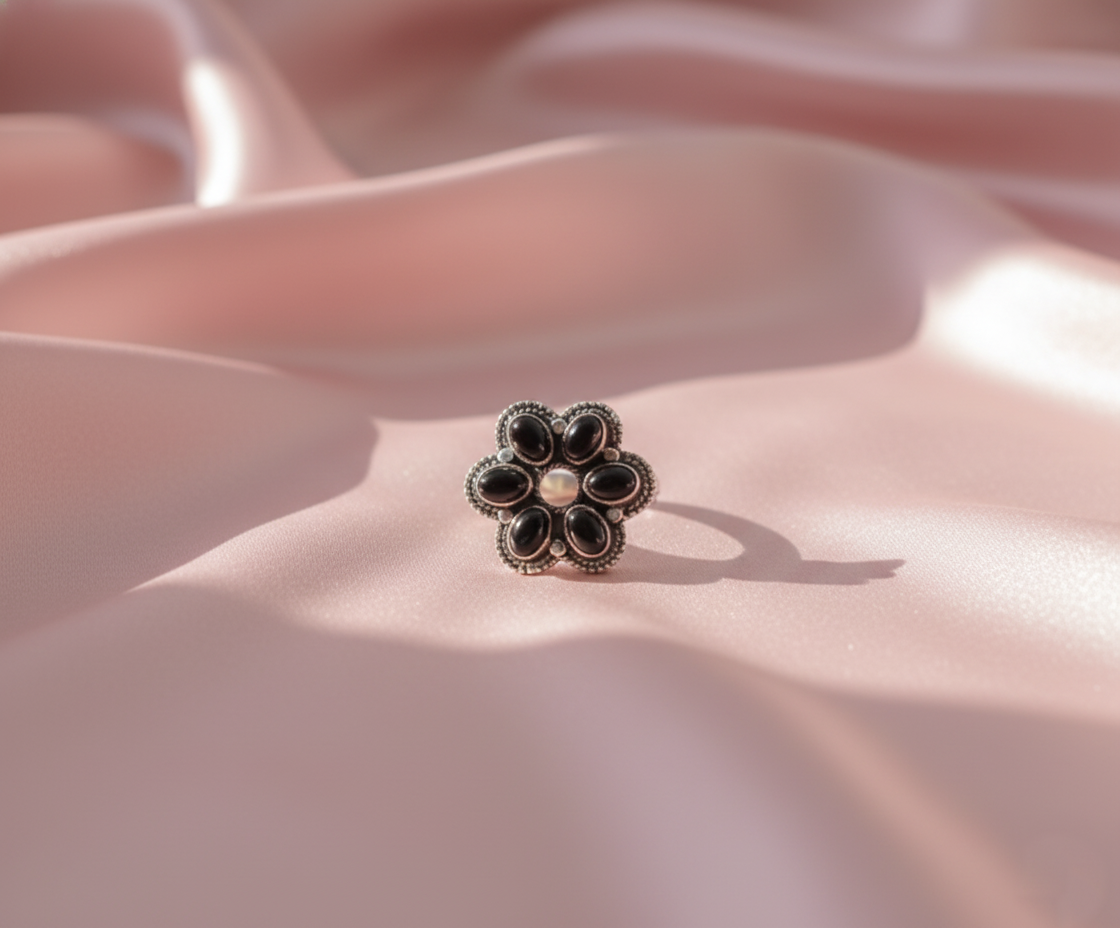 Black Onyx Flower Ring 925 Sterling Silver Statement Floral Ring