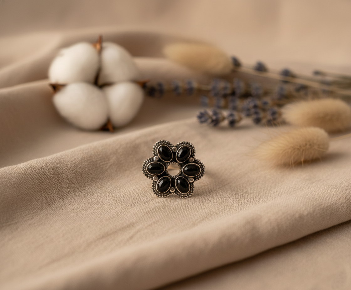 Black Onyx Flower Ring 925 Sterling Silver Statement Floral Ring