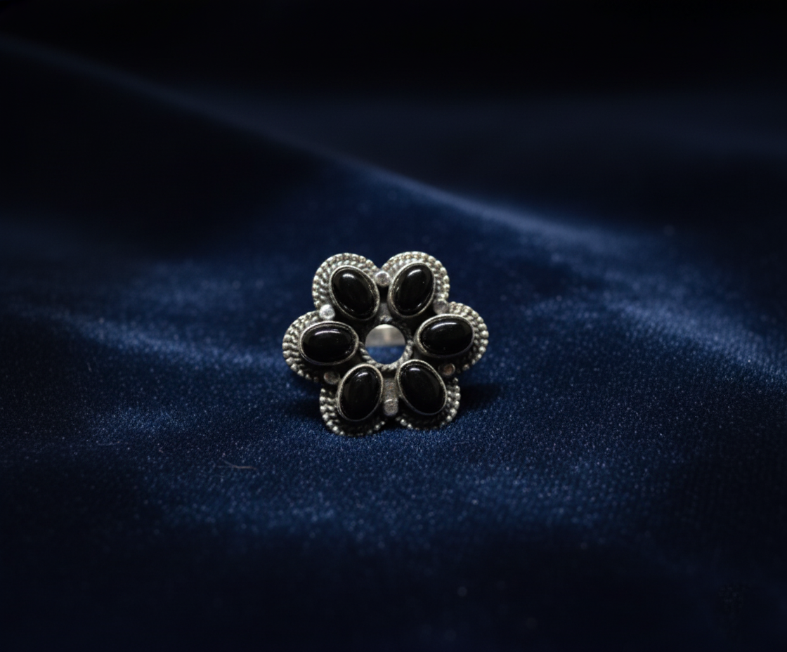 Black Onyx Flower Ring 925 Sterling Silver Statement Floral Ring
