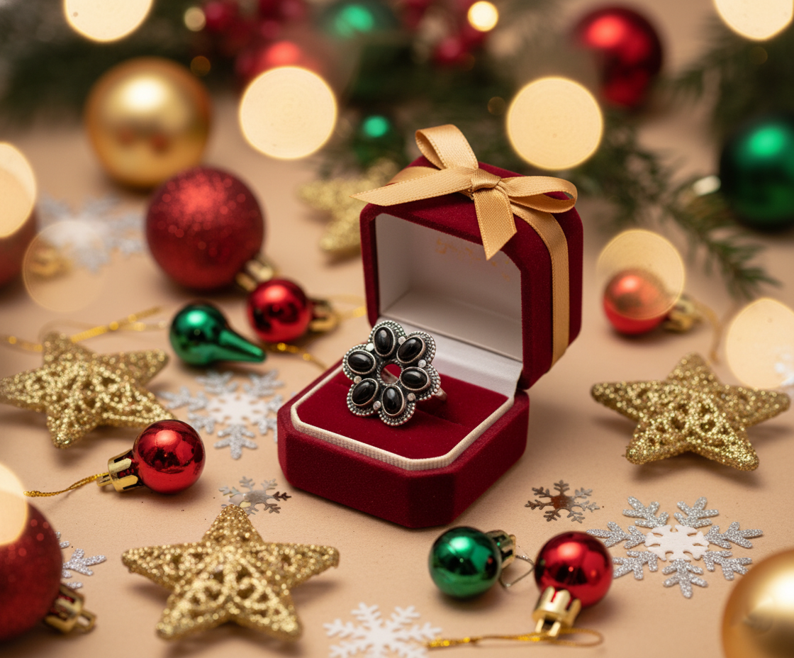 Black Onyx Flower Ring 925 Sterling Silver Statement Floral Ring