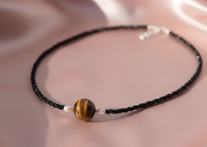 Black Spinel Tiger Eye Black Pearl Necklace 925 Sterling Silver Protection Boho