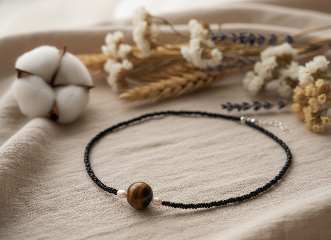 Black Spinel Tiger Eye Black Pearl Necklace 925 Sterling Silver Protection Boho