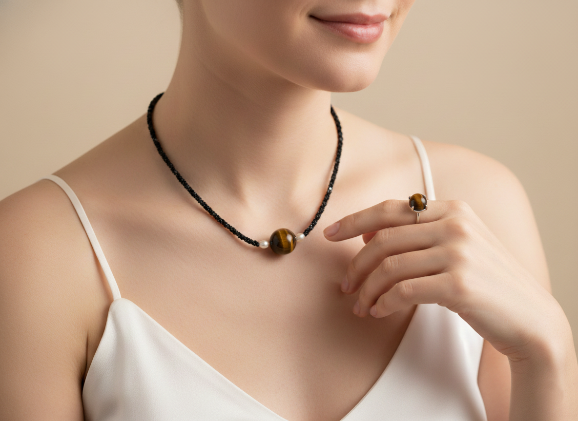 Black Spinel Tiger Eye Black Pearl Necklace 925 Sterling Silver Protection Boho