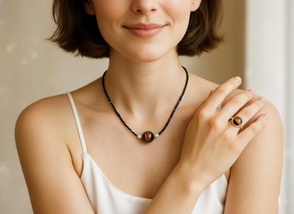 Black Spinel Tiger Eye Black Pearl Necklace 925 Sterling Silver Protection Boho