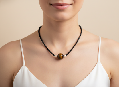 Black Spinel Tiger Eye Black Pearl Necklace 925 Sterling Silver Protection Boho