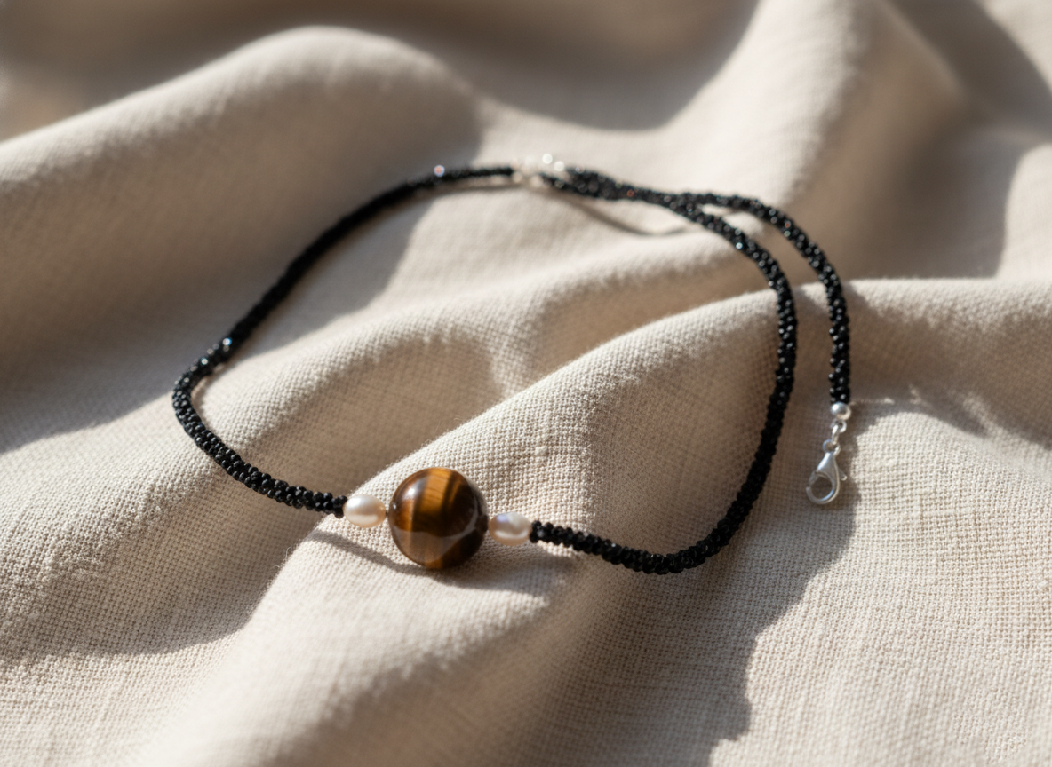 Black Spinel Tiger Eye Black Pearl Necklace 925 Sterling Silver Protection Boho