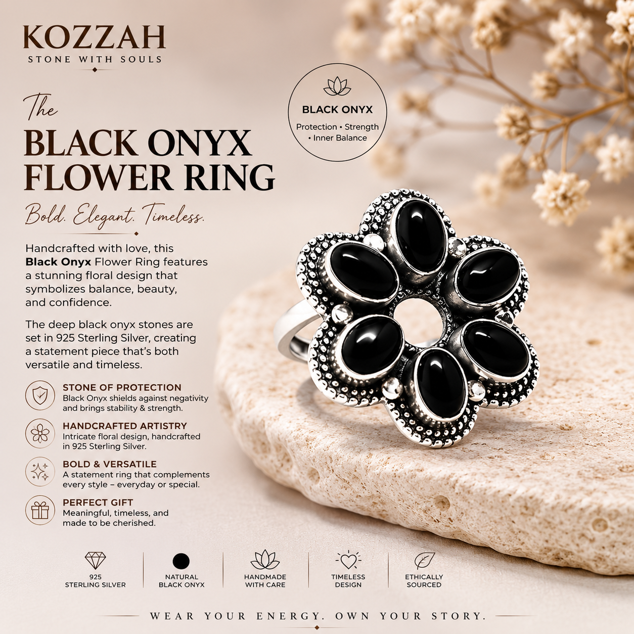 Black Onyx Flower Ring 925 Sterling Silver Statement Floral Ring