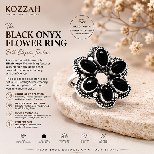 Black Onyx Flower Ring 925 Sterling Silver Statement Floral Ring