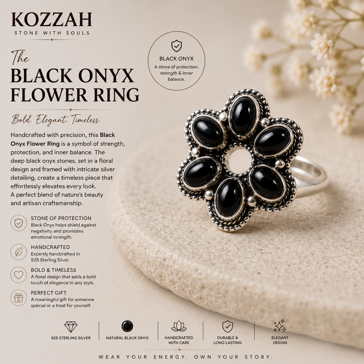 Black Onyx Flower Ring 925 Sterling Silver Statement Floral Ring