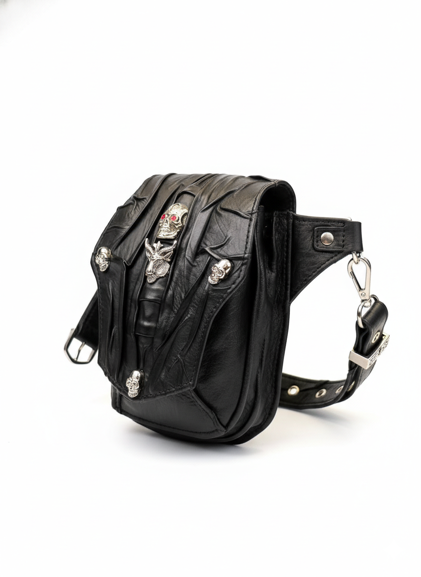 Handmade Gothic Leather Fanny Pack – Handmolded Cow Calf Leather Waist Bag with Metal Skull Hardware – Custom Biker Crossbody Bag