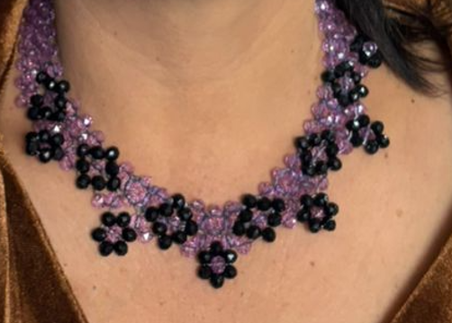 Purple Crystal Beaded Necklace, Black Floral Beads