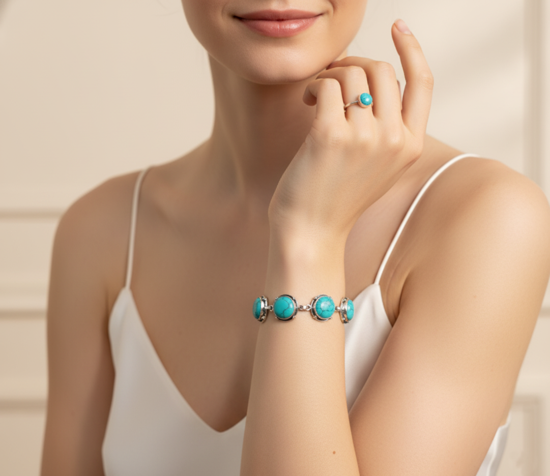 Vintage Style Turquoise Bracelet Sterling Silver December Birthstone Boho Statement Jewelry