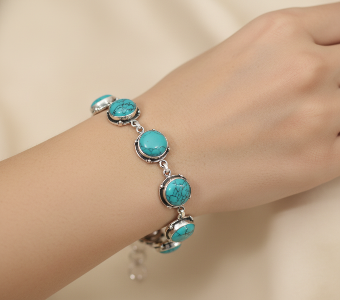 Vintage Style Turquoise Bracelet Sterling Silver December Birthstone Boho Statement Jewelry