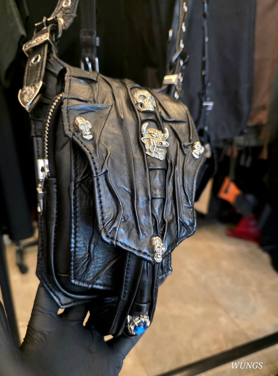 Handmade Gothic Leather Fanny Pack – Handmolded Cow Calf Leather Waist Bag with Metal Skull Hardware – Custom Biker Crossbody Bag