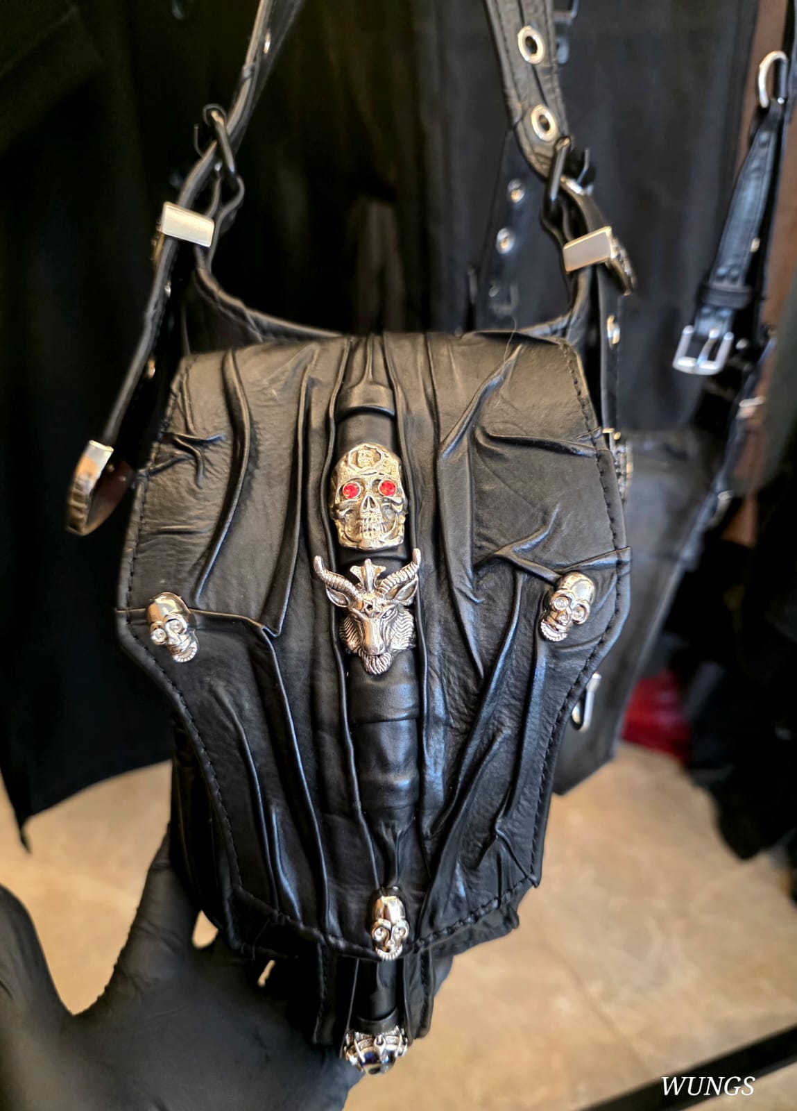 Handmade Gothic Leather Fanny Pack – Handmolded Cow Calf Leather Waist Bag with Metal Skull Hardware – Custom Biker Crossbody Bag