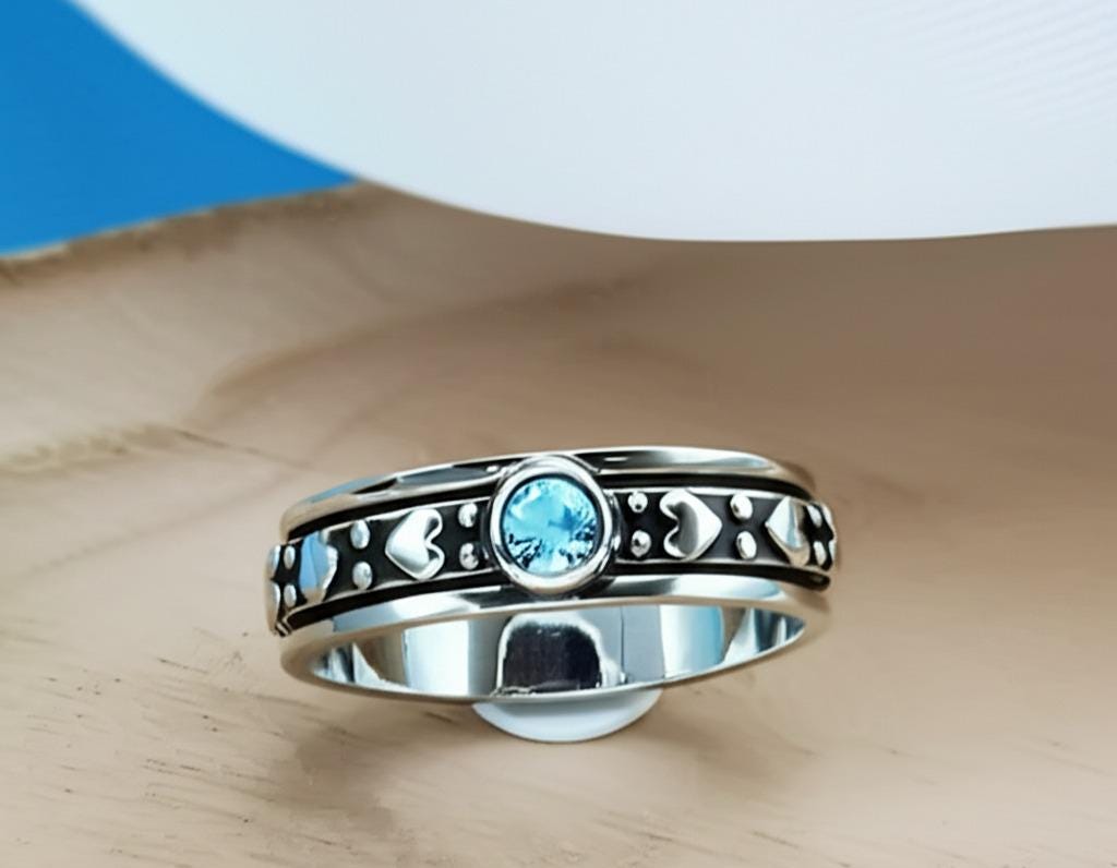 Blue Topaz Ring, Spinner Band Ring, 925 Starling Silver Ring, Worry Ring, Gemstone Ring, Natural Blue Topaz, Handmade Ring, Dainty Ring