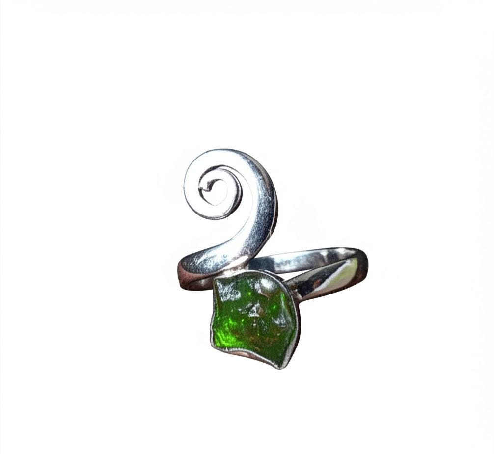 Moldavite Rough Ring, Natural Gemstone Ring,  925 Sterling Silver, Handmade Designer Jewelry, Gift, Stylish ring, Gift for her, Green stone