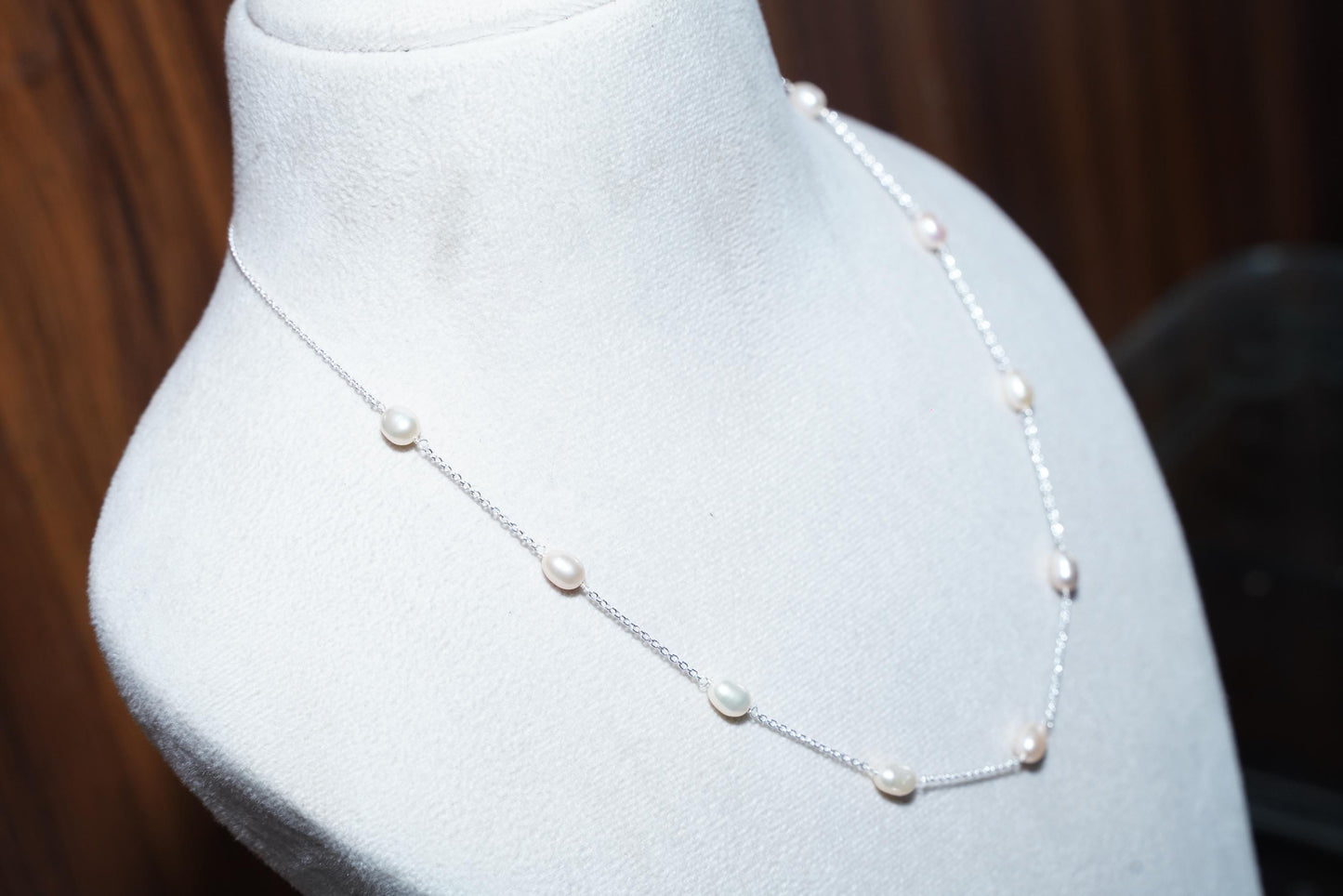Delicate White Rice Pearl Necklace: Sterling Silver Chain, Minimalist Jewelry