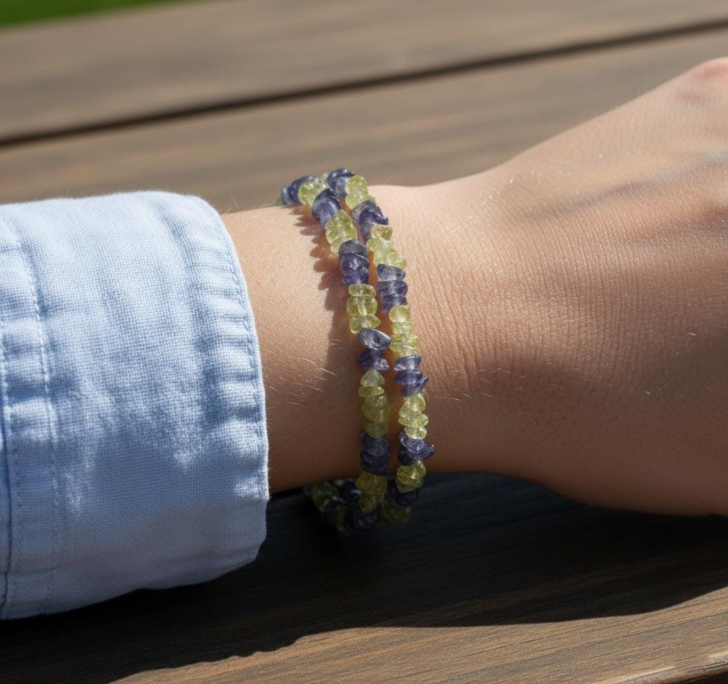 Peridot and Iolite Chip Bracelet | Double Strand Gemstone Bracelet | Green & Blue Natural Crystal Jewelry | Healing Stone Gift for Her