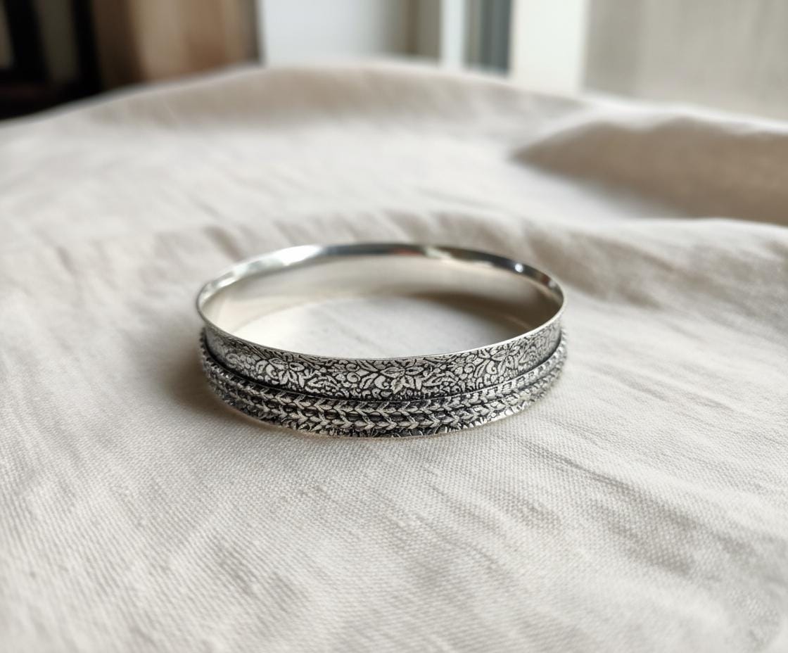 Silver Spinner Bangle, Sterling Silver Meditation Ring, Engraved Worry Bangle, Anxiety Relief Jewelry, Wide Band Boho Gift for Her