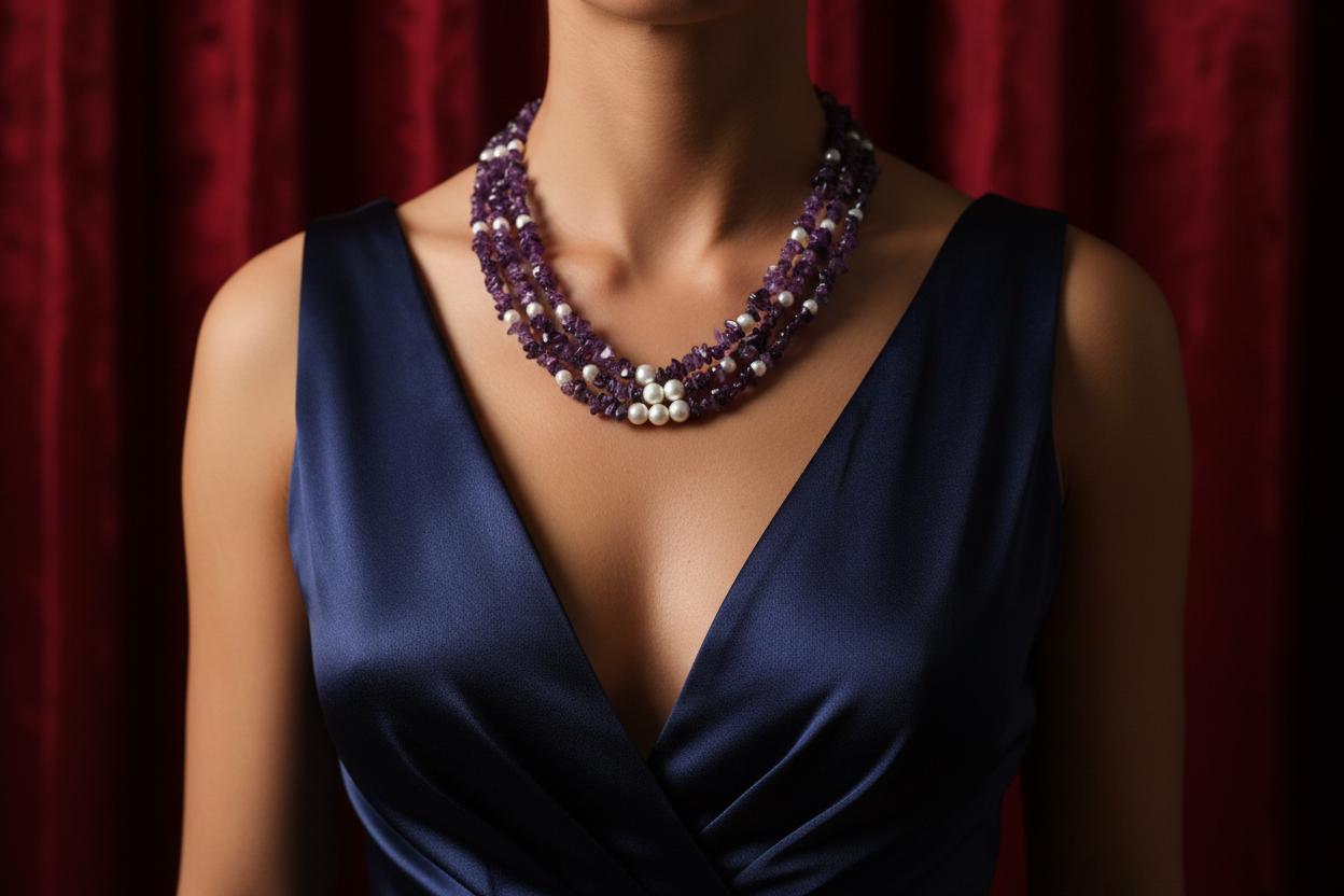 Amethyst and White Glass Pearl Multistrand Necklace – Handmade Beaded Gemstone Statement Necklace, Elegant Purple Jewelry Gift for Her