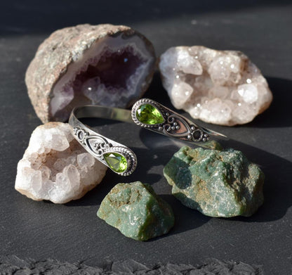 Handmade Silver Peridot Bangle - Ornate Sterling Silver Cuff | Artisanal Peridot Teardrop Bangle - Bohemian Silver Gemstone Bracelet