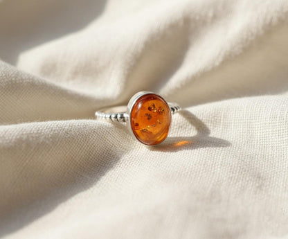 Natural Baltic Amber Sterling Silver Ring | Oval Cabochon with Inclusions | Handmade Boho Beaded Band | Gift for Her Anniversary Jewelry