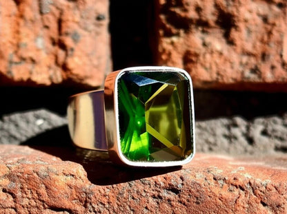 Men's Green Gemstone Ring | Rectangular Peridot Style Ring in Silver Band | Bold Statement Jewelry for Him | Modern Geometric Cut Ring |Gift