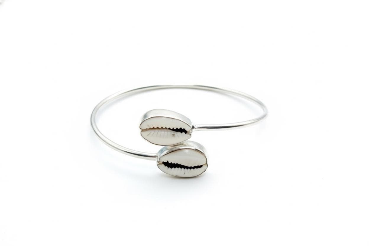 Sterling Silver Cowrie Shell Bangle | Boho Beach Jewelry | Handmade Nautical Bracelet | Gift for Her, Christmas Gift