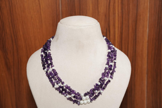 Amethyst and White Glass Pearl Multistrand Necklace – Handmade Beaded Gemstone Statement Necklace, Elegant Purple Jewelry Gift for Her