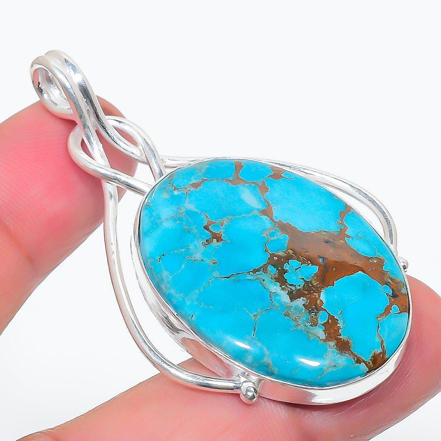 Emerald Matrix Pendant, Natural Turquoise  Silver Pendant, Vibrant Turquoise Statement Pendant, Unique Turquoise Cabochon Necklace, Gift her