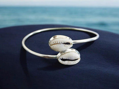 Sterling Silver Cowrie Shell Bangle | Boho Beach Jewelry | Handmade Nautical Bracelet | Gift for Her, Christmas Gift